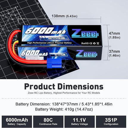 Zeee 3S Lipo Battery 6000mAh 11.1V 80C Hard Case RC Battery with EC5 Plug for RC 1/8 1/10 Scale Vehicles Car Trucks Boats