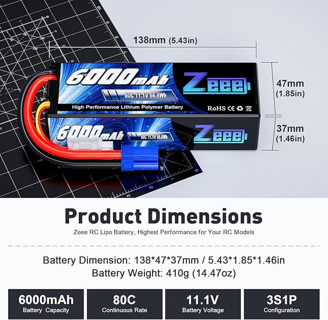 Zeee 3S Lipo Battery 6000mAh 11.1V 80C Hard Case RC Battery with EC5 Plug for RC 1/8 1/10 Scale Vehicles Car Trucks Boats
