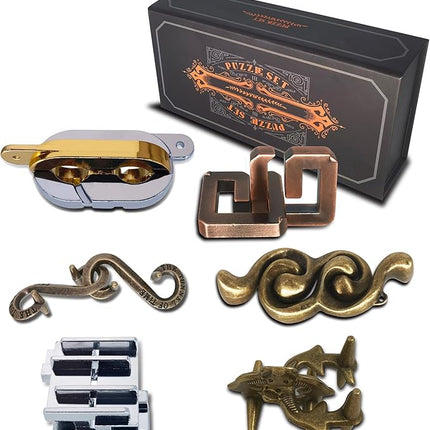 6PCS Metal Puzzle Box and 3D Brain Teasers for Adults Teens, Challenging IQ Logic Games, Gift for Christmas, Valentine's Day, Birthday, Anniversary & Family Party Game