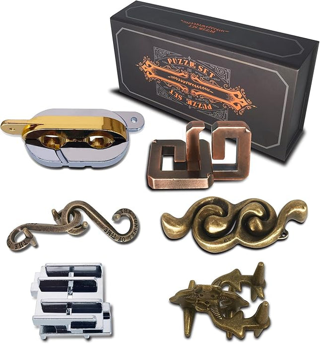 6PCS Metal Puzzle Box and 3D Brain Teasers for Adults Teens, Challenging IQ Logic Games, Gift for Christmas, Valentine's Day, Birthday, Anniversary & Family Party Game