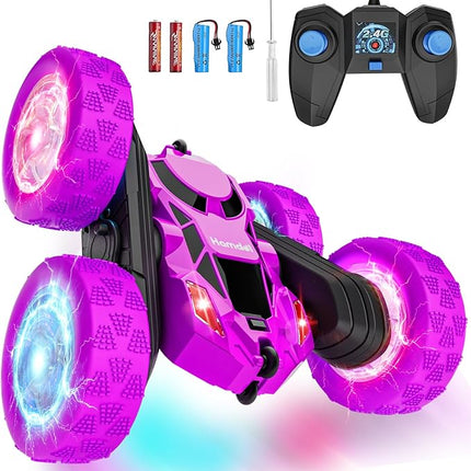 Remote Control Car for Kids Stunt RC Cars with Cool Wheel Lights Double-Sided Driving 360-degree Rotation Boys Toys for Ages 6 7 8 9 10-12 Kids Gift Ideal(Purple)