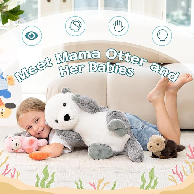 MorisMos 5Pcs Sea Otter Stuffed Animal with Babies,23.6'' Giant Mommy Stuffed Otter Toy with 3 Babies & Plush Seashell, Boy Girl Sea Animal Toys for Kids 3-5 Birthday Christmas Decor