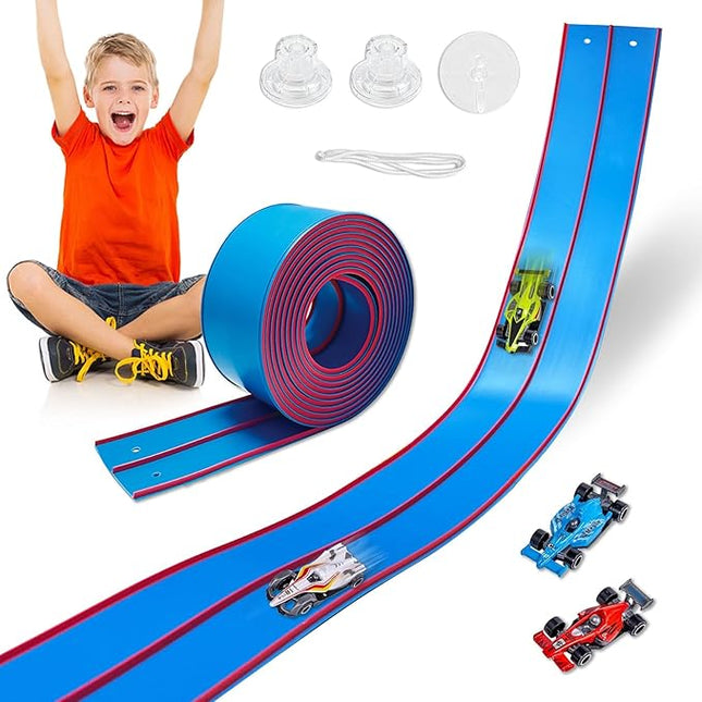 Flexible Race Track Toys for Kids, 15 Ft Double Lane Racetrack with 4 Cars & Suction Cups, Compatible with Hot Wheels & 1/64 Diecast Cars, Portable Roll Up Car Ramp Track Set for Ages 3+(Blue & Red)