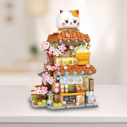 Cute Cat Mini City Street View Building Blocks Set - Realistic Architecture Model Kit, 3D Puzzle Toy for Adults & Kids, Foldable House Building Kits for Home Decoration