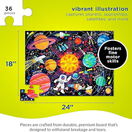 Crocodile Creek 36-Piece Jigsaw Floor Puzzle - Fun Floor Puzzles for Kids Ages 3-5 - Heavy-Duty Shaped Box for Storage - Space Explorer - 24" W x 18" H Finished