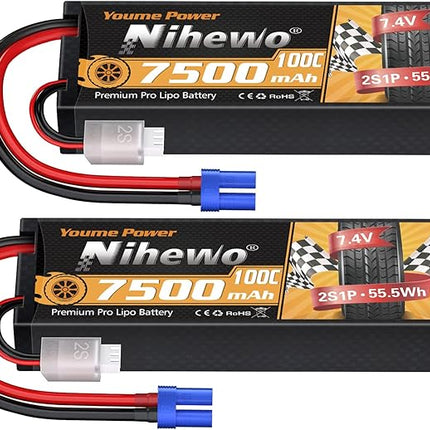 2Packs 2S Lipo Battery Pack, 7.4V 7500mAh RC Battery 100C Hard Case Lipos EC5 Connector Compatible with Arrma Axial 1/8 1/10 RC Car Truck Truggy Vehicles Tank Boat Airplane Models