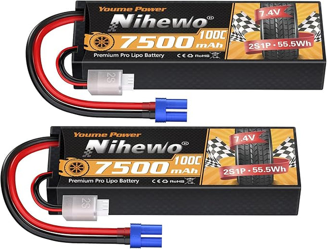 2Packs 2S Lipo Battery Pack, 7.4V 7500mAh RC Battery 100C Hard Case Lipos EC5 Connector Compatible with Arrma Axial 1/8 1/10 RC Car Truck Truggy Vehicles Tank Boat Airplane Models