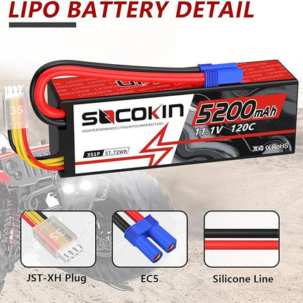 3S 5200mAh Lipo Battery 11.1V EC5 Connector Lipo Battery for RC Car Losi RC Truck RC Boat RC Model 120C Hard Case