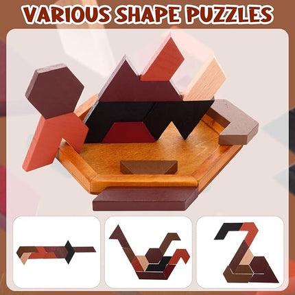 Yilloog 12 Pack Hexagon Tangram Puzzles Wooden Brain Survivor Puzzles for Adult Challenge Hexagon Tangram Brain Teaser Wood Geometric Jigsaw Russian Blocks for Family Party Gift Logic Game