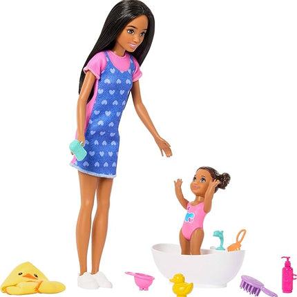 Barbie Skipper Babysitters, Inc. Playset with Brunette Doll, Brunette Toddler Doll, Bathtub & 6 Accessories Including a Rubber Duckie