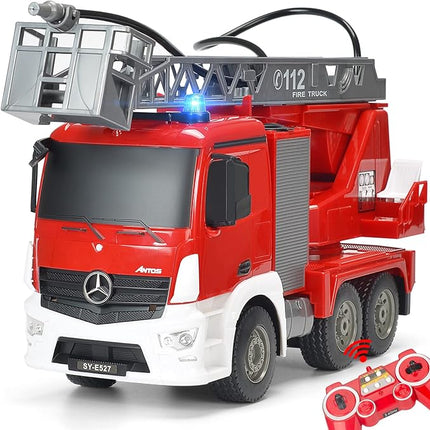 Benz Licensed Remote Control Fire Truck, RC Fire Truck Toy, Rechargeable Construction Truck Toys with Alarm Lights, Hose, Working Water Pump and Rotating Rescue Ladder Fire Truck Toys Gift for Kids
