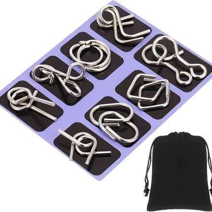 Yilloog Metal Wire Puzzle Set of 8 with Pouch, Brain Teaser Puzzles IQ Test Ring Disentanglement Unlock Interlock Game Trick Metal for Party Favor Challenge(D Style)