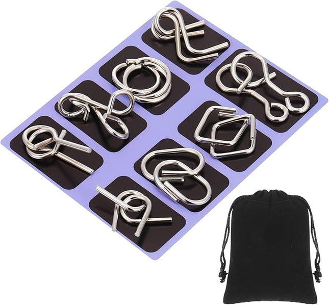 Yilloog Metal Wire Puzzle Set of 8 with Pouch, Brain Teaser Puzzles IQ Test Ring Disentanglement Unlock Interlock Game Trick Metal for Party Favor Challenge(D Style)