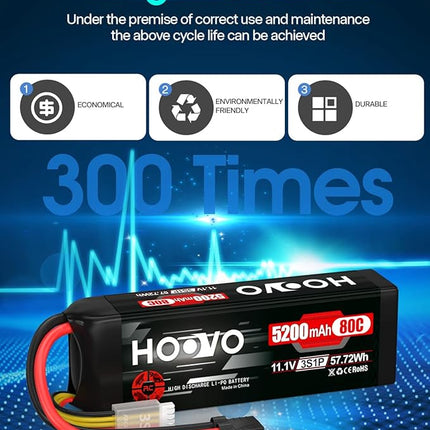 HOOVO 11.1V 80C 5200mAh 3S LiPo Battery with Tracxas Plug for RC Car RC Truck RC Boat Hobby (2 Packs)