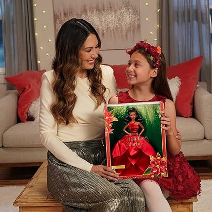 Barbie Signature 2022 Holiday Doll, Dark-Brown Wavy Hair Wearing Red Poinsettia-Inspired Gown, Collectible with Doll Stand & Certificate of Authenticity