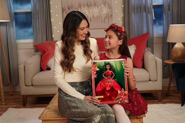 Barbie Signature 2022 Holiday Doll, Dark-Brown Wavy Hair Wearing Red Poinsettia-Inspired Gown, Collectible with Doll Stand & Certificate of Authenticity
