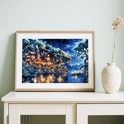 1000 Piece Fantasy Island Sparkling Jigsaw Puzzle for Adults – Dreamy Lakeside Cottage Under Starry Night Sky, Whimsical Fairy Tale Art Puzzle, Relaxing and Challenging Gift for Puzzle Lovers