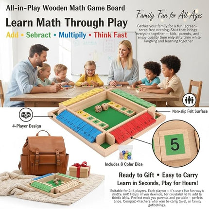 Shut The Box - Wooden Dice Board Game, 2-4 Player Math Puzzle Toy for Kids and Adults, Educational Family Tabletop Game for Learning Addition Subtraction, Fun Strategy Gift Set
