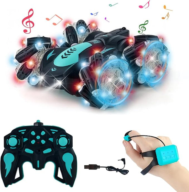 Gesture Sensing RC Stunt Car, 360 Spins Double Sided Hand Controlled Glove RC Car with Lights Music, Birthday Gifts for Boys Age 6-12
