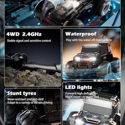 Amphibious Remote Control Car Waterproof Monster RC Cars 4WD All Terrain Off-Road Stunt Vehicle Toys with 2.4 GHz LED Lights for 6 7 8 9 10 11 12+ Year Old Kids Boys Girls Gifts Presents (Black)