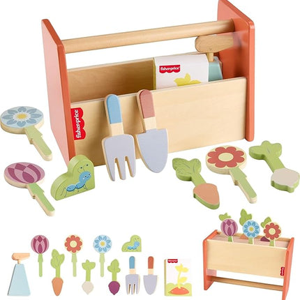 Fisher-Price Wood Pretend Play Toy Tiny Garden Caddy, 12-Piece Set with Wooden Tools & Plants for Preschool Kids Ages 3+ Years (Amazon Exclusive)