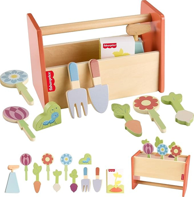 Fisher-Price Wood Pretend Play Toy Tiny Garden Caddy, 12-Piece Set with Wooden Tools & Plants for Preschool Kids Ages 3+ Years (Amazon Exclusive)