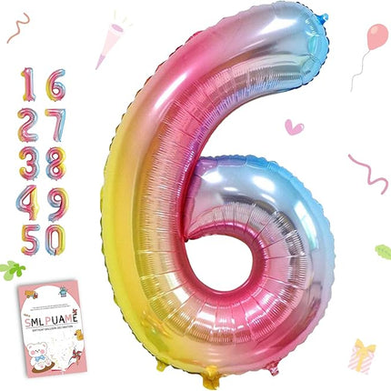 Smlpuame 40 Inch Number Balloons 0-9 Rainbow Gradient Large Number 6 Balloons, Digital Balloons for Birthday Party Celebration Decorations, Helium Foil Number Balloons for Wedding Anniversary