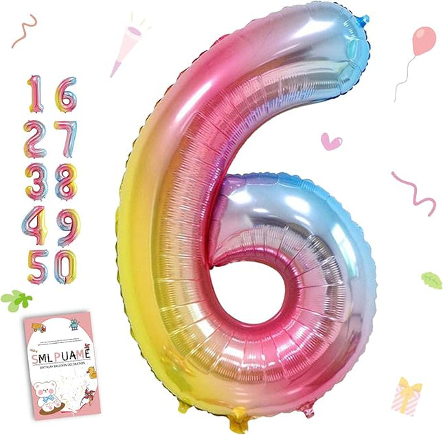 Smlpuame 40 Inch Number Balloons 0-9 Rainbow Gradient Large Number 6 Balloons, Digital Balloons for Birthday Party Celebration Decorations, Helium Foil Number Balloons for Wedding Anniversary