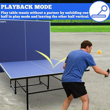 Table Tennis Table Mid-Size, Foldable Ping Pong Table Top Full Size with 2 Paddles, 2 Balls, 1 Net & 4 Wheels, Folding Table Tennis for Indoor & Outdoor, Quick Assembly to Support Multiplayer