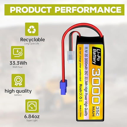 sea jump 3S Lipo Battery 11.1V 3000mAh 35C with EC3 Plug and USB Charging Cable Suitable for RC Car, Truck, Remote Control Boat, RC Quadcopter Aircraft, FPV Drone Battery