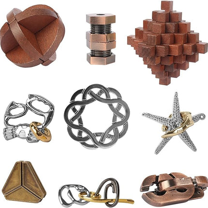 9pcs Retro Wooden and Metal Puzzles Bulk Gift for Kids, Teens, and Adults Unlock Interlock Brain Teaser Toys Game.