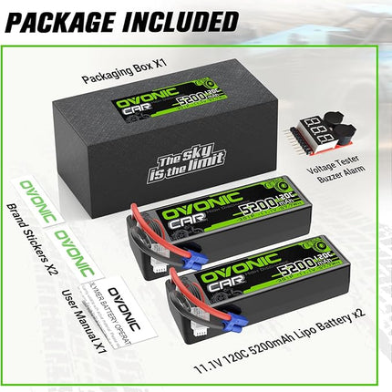 OVONIC 3S LiPo Battery 11.1V 5200mAh 120C with EC5 Plug for RC Car RC Truck Airplane Helicopter Boat Car Racing RC Hobby (2 Packs)(with Lipo Voltage Checker)