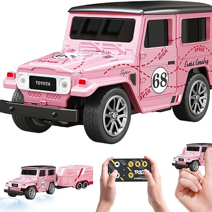MOONTOY 1:64 Scale Mini Alloy Romote Control Car with LED Lights, 2.4Ghz Remote and App Control Toy Car, 3-Speed Adjustment Pocket Toy Car for Kids 4-8 Years and Adults (Pink)