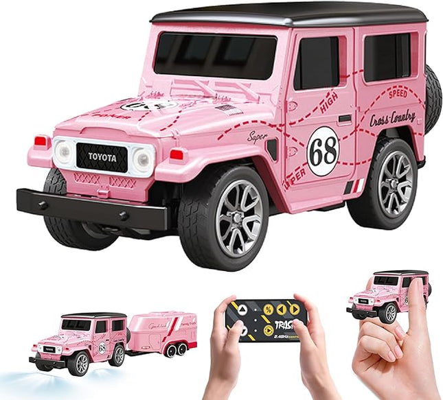 MOONTOY 1:64 Scale Mini Alloy Romote Control Car with LED Lights, 2.4Ghz Remote and App Control Toy Car, 3-Speed Adjustment Pocket Toy Car for Kids 4-8 Years and Adults (Pink)