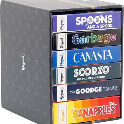 Regal Games Fun Card Games Set for Adults - Canasta, Spoons and a Spork, Garbage Monsters, ScorZo, The Goodge Rules, and Banapples Decks - Fun & Travel Playing Cards for Family Game Night