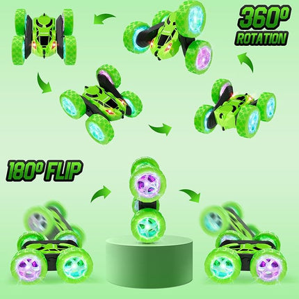 Remote Control Car, Double Sided 360°Rotating 4WD RC Cars with Headlights 2.4GHz Electric Race Stunt Toy Car Rechargeable Toy Cars for Boys Girls Birthday (Green)