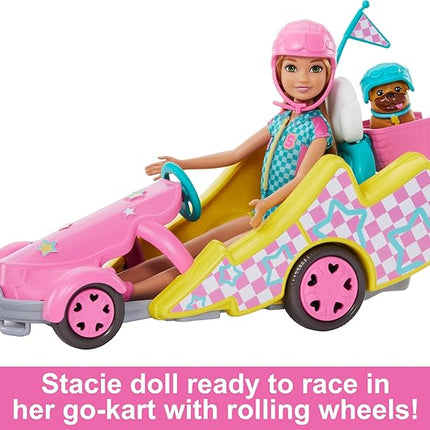 Barbie Stacie Doll with Go-Kart Car with Rolling Wheels, Dog, Accessories, & Sticker Sheet, 9-Piece Toy Set