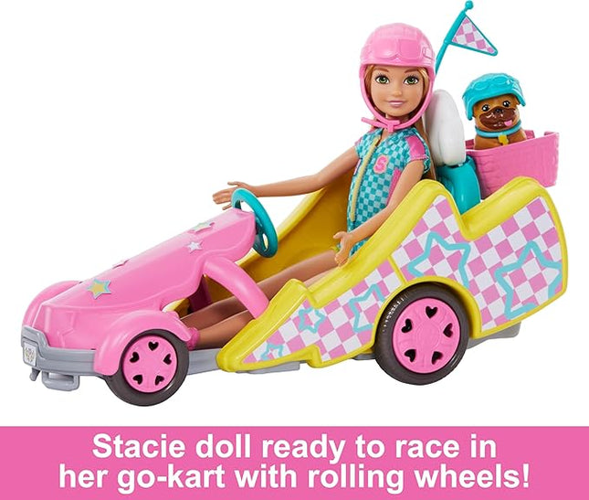 Barbie Stacie Doll with Go-Kart Car with Rolling Wheels, Dog, Accessories, & Sticker Sheet, 9-Piece Toy Set