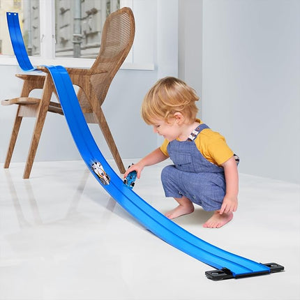 15 Ft Flexible Race Car Track for Kids, Double-Sided Racetrack for 1:64 Diecast Cars Toys, Rolls Up Portable Race Tracks with 4 Car & Suction Cups, Birthday Gifts for Boys Girls Ages 3-5 5-7, Blue