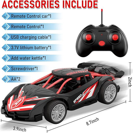 1/18 RC Car for Kids with Rechargeable Battery, LED Lights & Spray - Remote Control Car for Boys, Small RC Drift Cars for Ages 4-7 (Black & Red)
