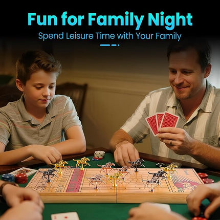 Large 23 inches Bamboo Horse Racing Board Game Foldable Horse Race Board Game with 11 Metal Horses 2 Dice 2 Decks of Cards and 100PCS Chips