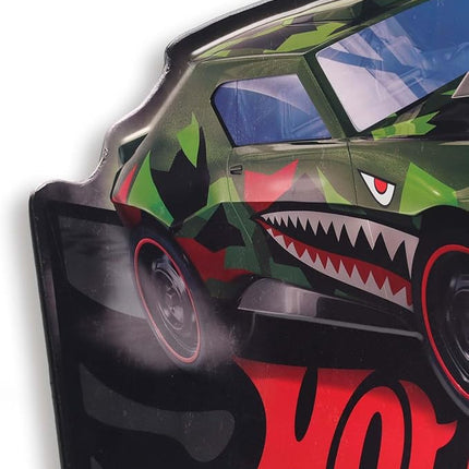 Mattel Hot Wheels Green Shark Car Embossed Metal Sign - Large Hot Wheels Wall Decor for Kids' Bedroom or Man Cave