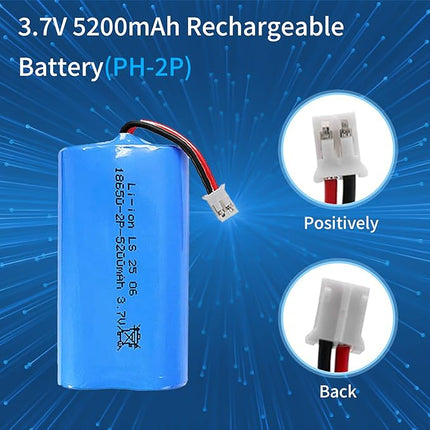 3.7V 5200mAh Li-ion Battery, 18650 Rechargeable Batteries with USB Charger Cable PH-2P Plug for Remote Control Cars, Bluetooth Speakers, LED Flashlights, Flashlights