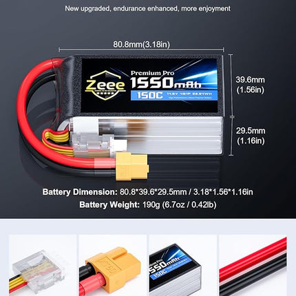 Zeee Premium Pro 1550mAh 4S Lipo Battery 14.8V 150C Ultra-Low IR Soft Pack RC Battery with XT60 Plug for FPV Drone Quadcopter Racing Helicopter Airplane RC Boat RC Car RC Models(2 Pack)