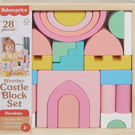 Fisher-Price Wood Toddler Toy Castle Block Set, 28 Wooden Pieces for Stacking Developmental Play Preschool Kids Ages 2+ Years