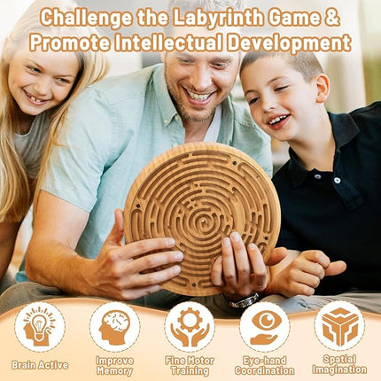 Wooden Labyrinth Board Game with Two Versions of Upgraded Circular Marble Maze with Two-Sided Design, 2-in-1 Puzzle Maze with Two Metal Balls, Brain Teaser Game for Children, Teenagers, and Adult