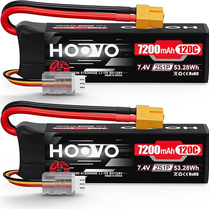 HOOVO 2S Lipo Battery, 7.4V 7200mAh 120C RC Battery Pack,Softcase with XT60 Plug for RC Car Truck Buggy Crawler Airplane Boat RC Vehicle,2Packs