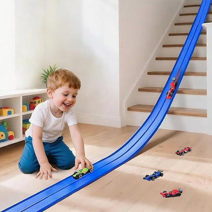15 Ft Double Sided Flexible Race Track Set with 6 Toy Cars for Kids (Blue)