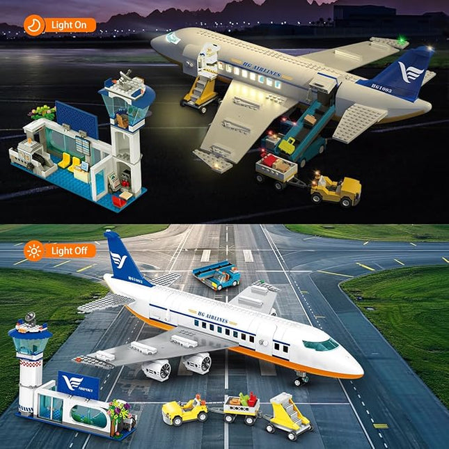 HOGOKIDS City Passenger Airplane Building Set with LED Light, 901 PCS Plane Building Blocks with Airport Terminal, Radar Tower, Luggage Trailer, Planes Model Toys Gifts for Adults Boys Girls Age 6-12+