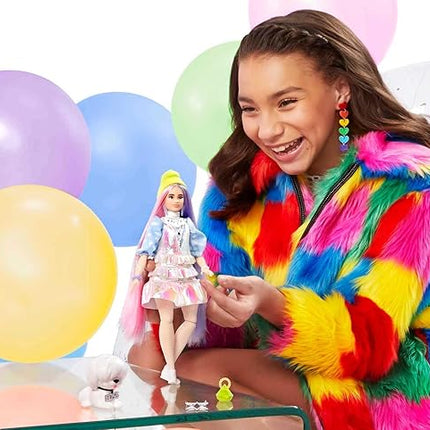 Barbie Extra Doll & Accessories with Shimmery Look, Pink & Purple Fantasy Hair & Neon Beanie with Pet Puppy
